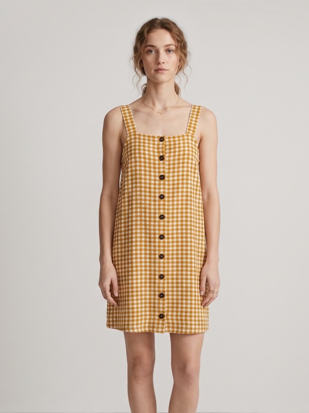 Madewell Jacquard Gingham Check Button-Front Mini Dress Antique Gold XXS